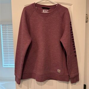 WOMEN'S RELAXED FIT MIDWEIGHT CREWNECK BLOCK LOGO SLEEVE GRAPHIC SWEATSHIRT